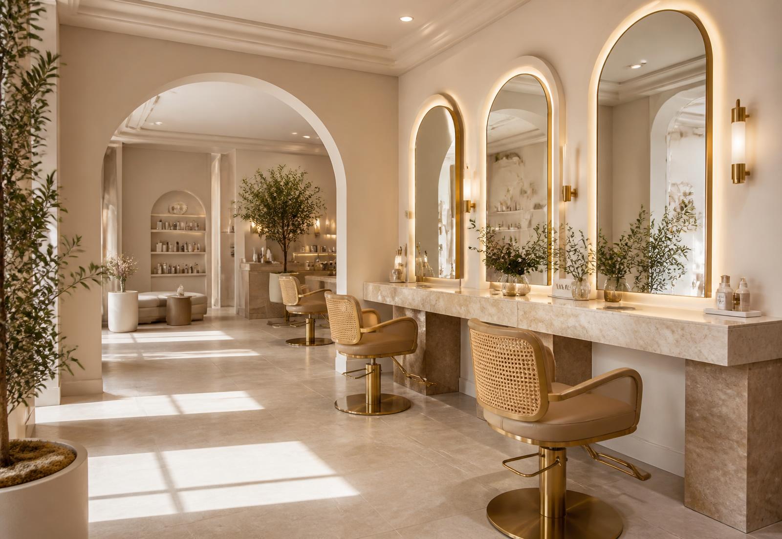 The Lumière Beauty Studio salon floor with arched mirrors and marble stations